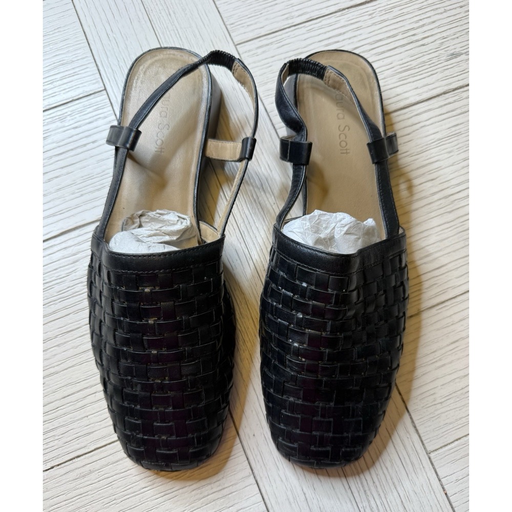 Laura Scott Garcia Black Woven Slingback Flat Sandals Boho Cottage Sz 9 M Preppy